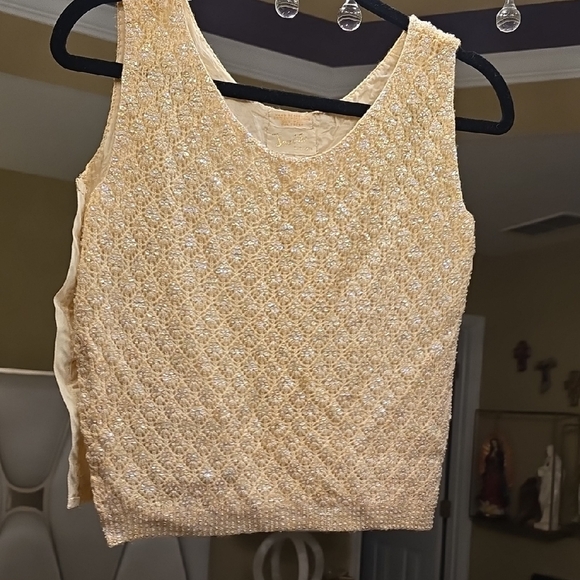 Jery Jo Elegant Vintage Hand Beaded Beige Wool Women's Cardigan 2 Pieces - Picture 4 of 16